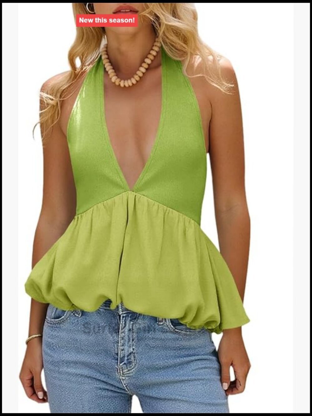 Womens Deep V Neck Halter Tank Top Bubble Hem Tie Back Summer